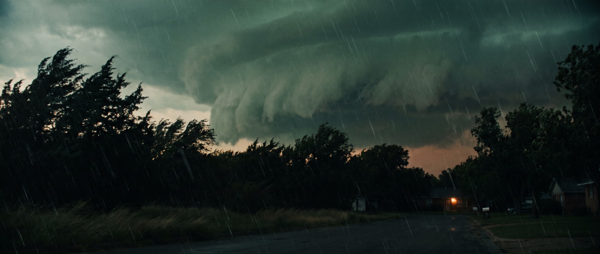 A shelf cloud and heavy rain moving over a residential street lined with mature trees at dusk.